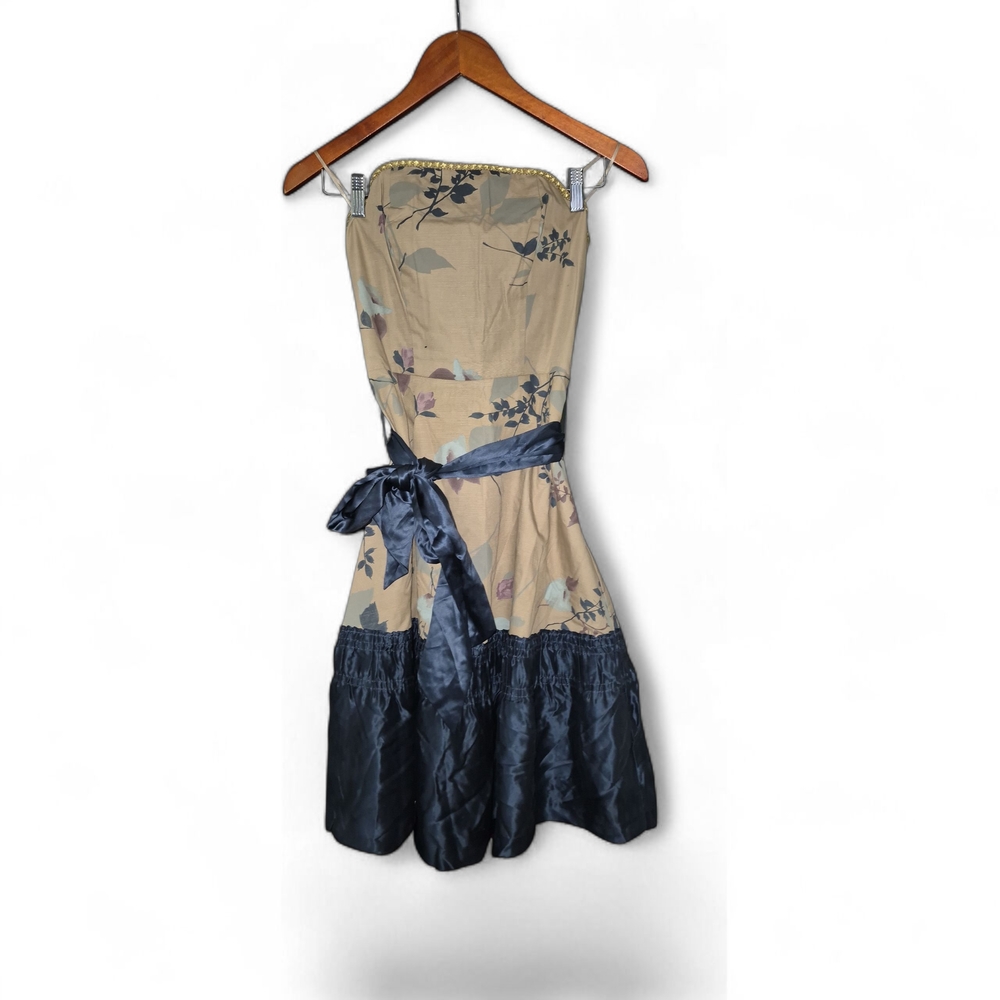Tabitha Strapless Dress with Floral Design in Tan and Black
